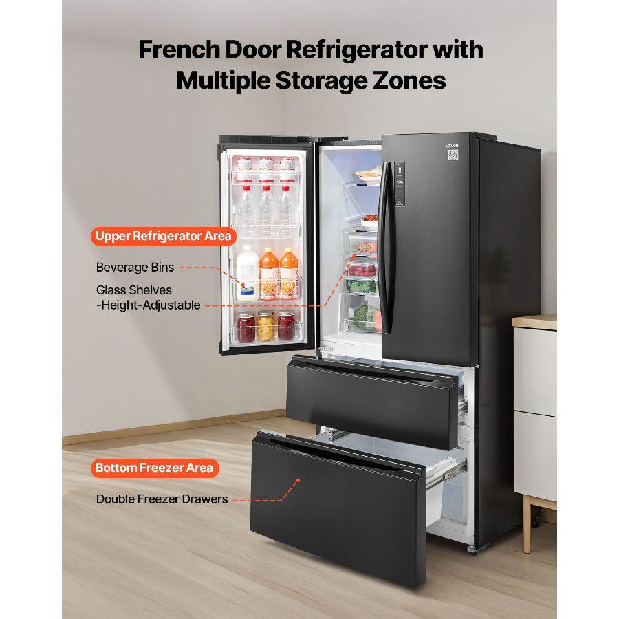 VEVOR Full-Sized French Door Refrigerator, 18.9 Cu. Ft. Counter Depth No Frost Freezer-On-Bottom Fridge, LED Display, 4 Casters, Black for Home Use