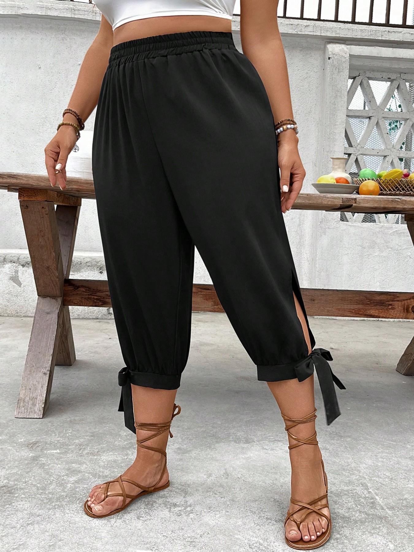Plus Size Plain Capri Pants, Cute Commuter Pants, Casual Elastic Waist Trousers with Side Slit & Bow Detail, Lightweight Breathable Fabric, Summer Vacation Wear, Comfortable Fitted Work Bottoms Plus Size Plain Capri Pants, Cute Commuter Pants, Casual Elastic Waist Trousers with Side Slit & Bow Detail, Lightweight Breathable Fabric, Summer Vacation Wear, Comfortable Fitted Work Bottoms