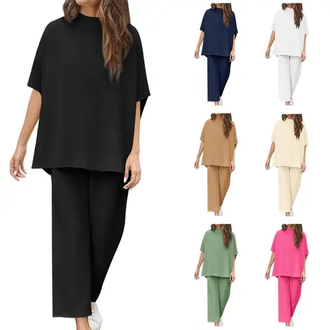 Imily Bela Women's 2-Piece Loungewear Set - Crew Neck Short Sleeve Pullover, Batwing Sleeve Capelet, Wide Leg Pants for Everyday Wear, Hiking, Running, Work
