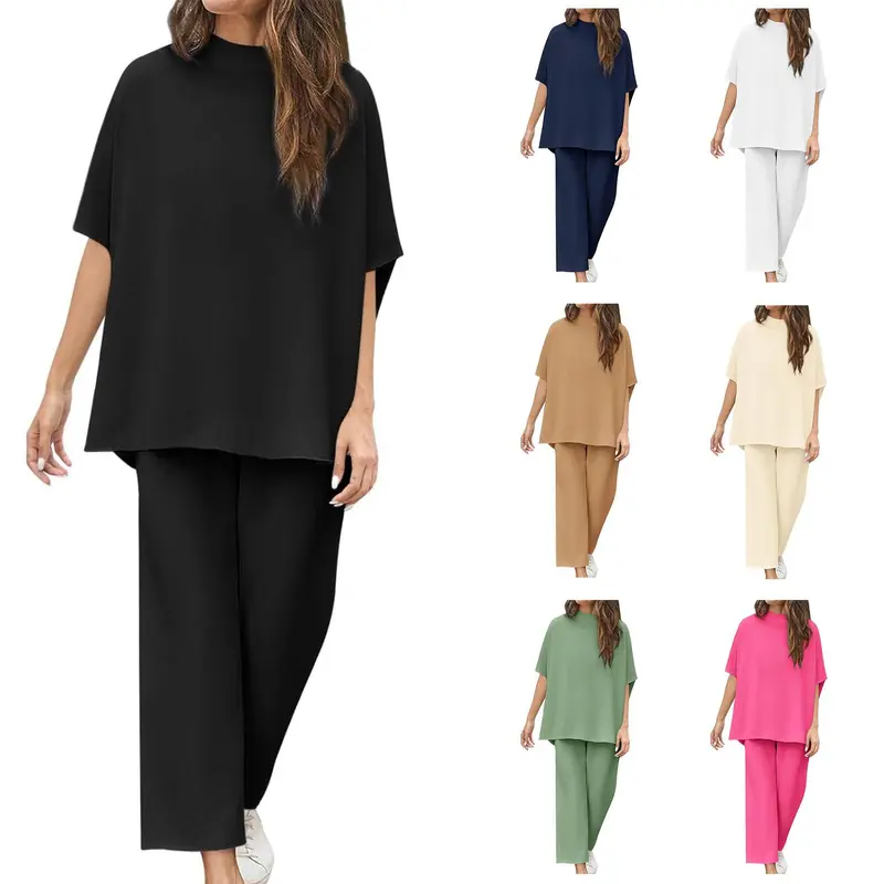 Imily Bela Women's 2-Piece Loungewear Set - Crew Neck Short Sleeve Pullover, Batwing Sleeve Capelet, Wide Leg Pants for Everyday Wear, Hiking, Running, Work