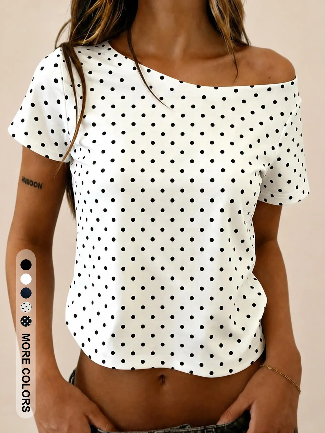 Women's Polka Dot Top, Asymmetric Neckline T-Shirt, Polka Dots, Top, Sporty Campus Style, Casual Chic Top, Fashionable Ladies' Clothing