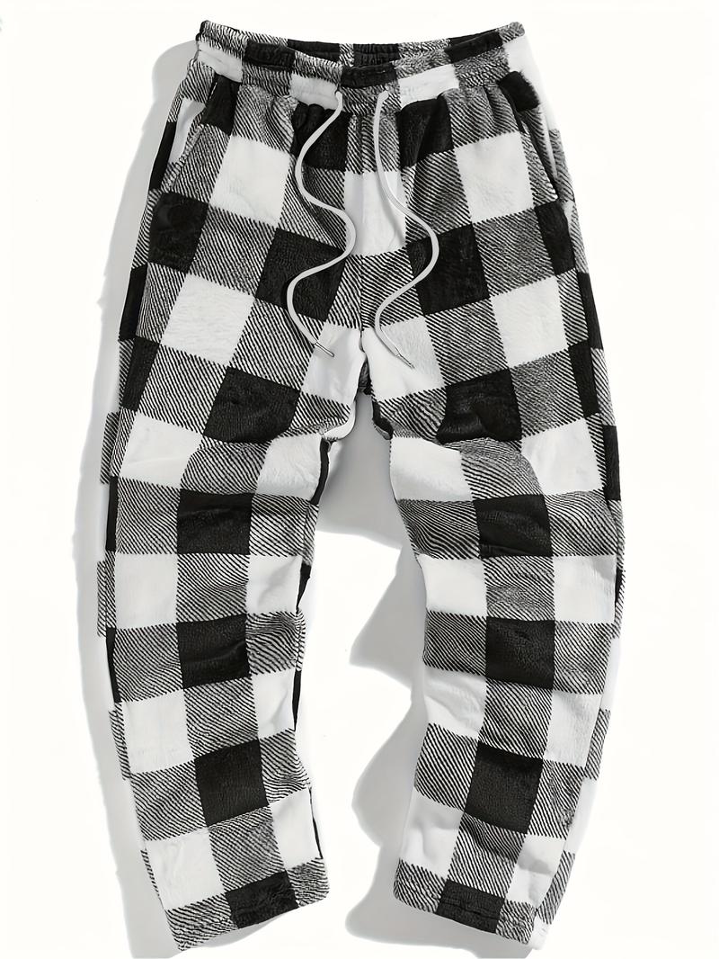 Unisex Plaid Fleece Print Drawstring Pants, Casual Daily Wear, Winter Warm Sleepwear, Christmas Gift, Long Pants