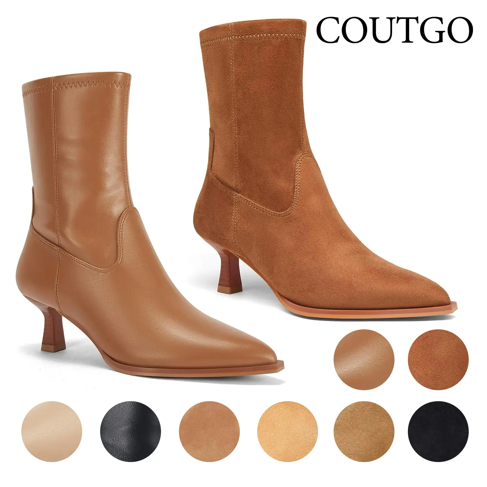 Coutgo Womens Pointed Toe Ankle Boots Stacked Kitten Low Heel Side Zipper Fall Booties Shoes tiktokshopbacktoschool