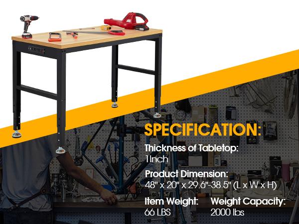 Adjustable Workbench 48" 2000 Lbs Load Capacity Heavy Duty Wood Work Bench, Smooth Surface Table with Power Outlets for Garage, Workshop, Office, Home, Commercial