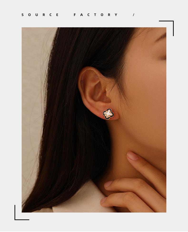 Minimalist Black Clover Drop Earrings 925 Silver Shell Lace Design Elegant Dripping Oil Fashion Jewelry for Women