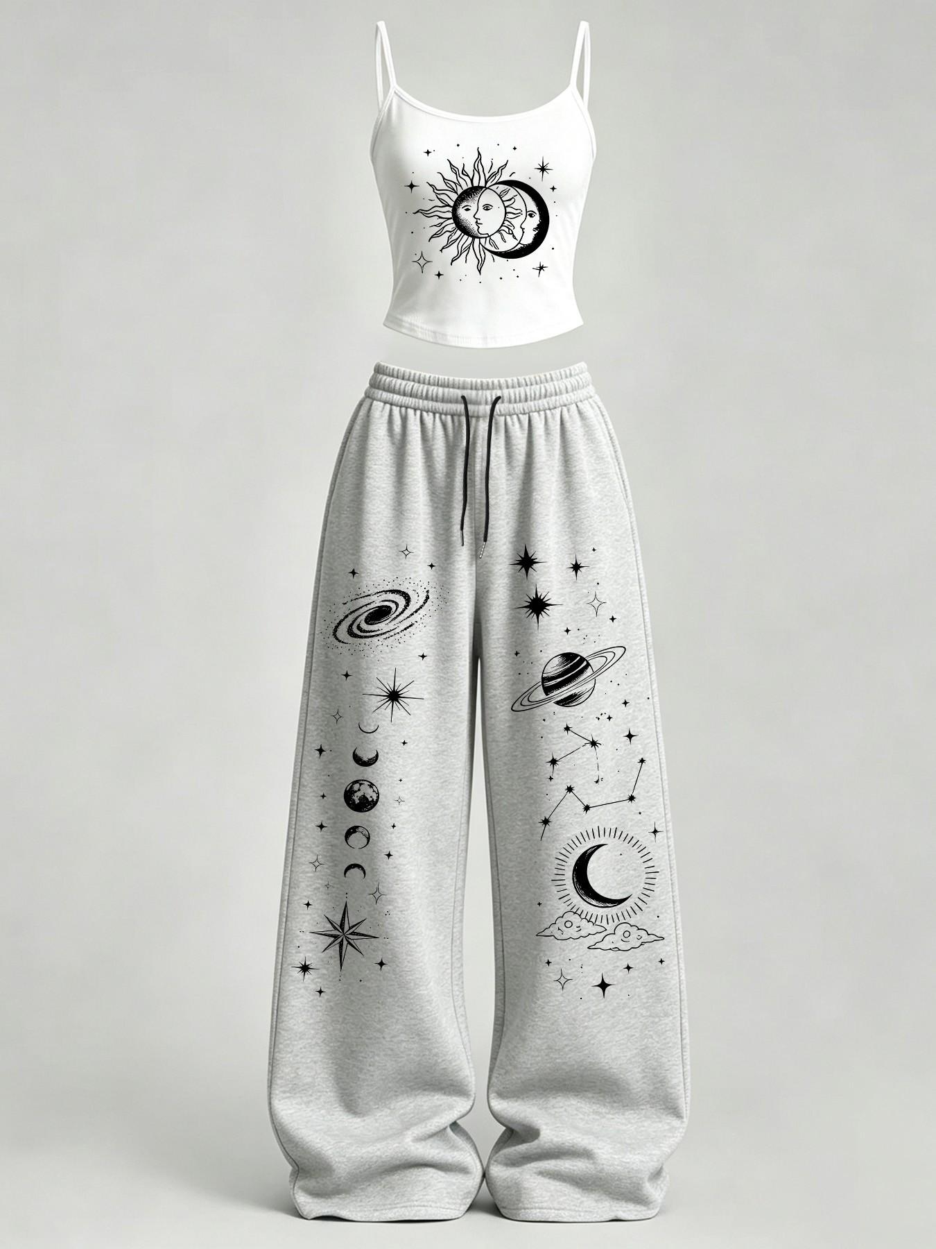 Women's Casual Tank Top Set, Sun Moon Star Print Slim Fit Vest + Loose Pants, Y2K Street Style, Daily Wear, Home Leisure, Clothes Women's Casual Tank Top Set, Sun Moon Star Print Slim Fit Vest + Loose Pants, Y2K Street Style, Daily Wear, Home Leisure, Clothes