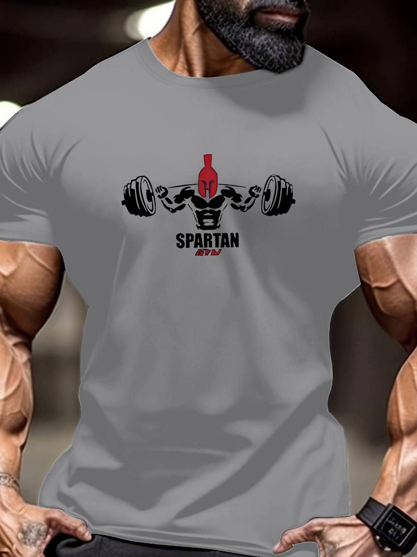 Men's Regular Fit Spartan Print Round Neck Tee, Casual Short Sleeve Crew Neck T-Shirt for Summer, Fashion Men's Top for Gym Workout Running Athletic Style Activewear Clothing