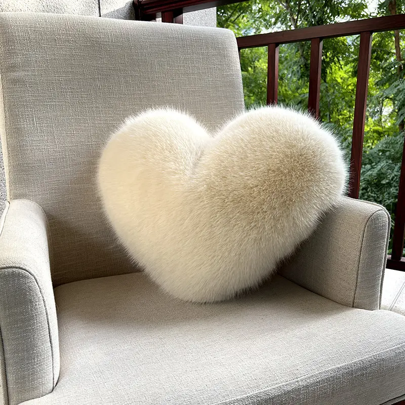 Beige heart-shaped plush pillow, faux fox fur love cushion, high-end living room sofa pillow