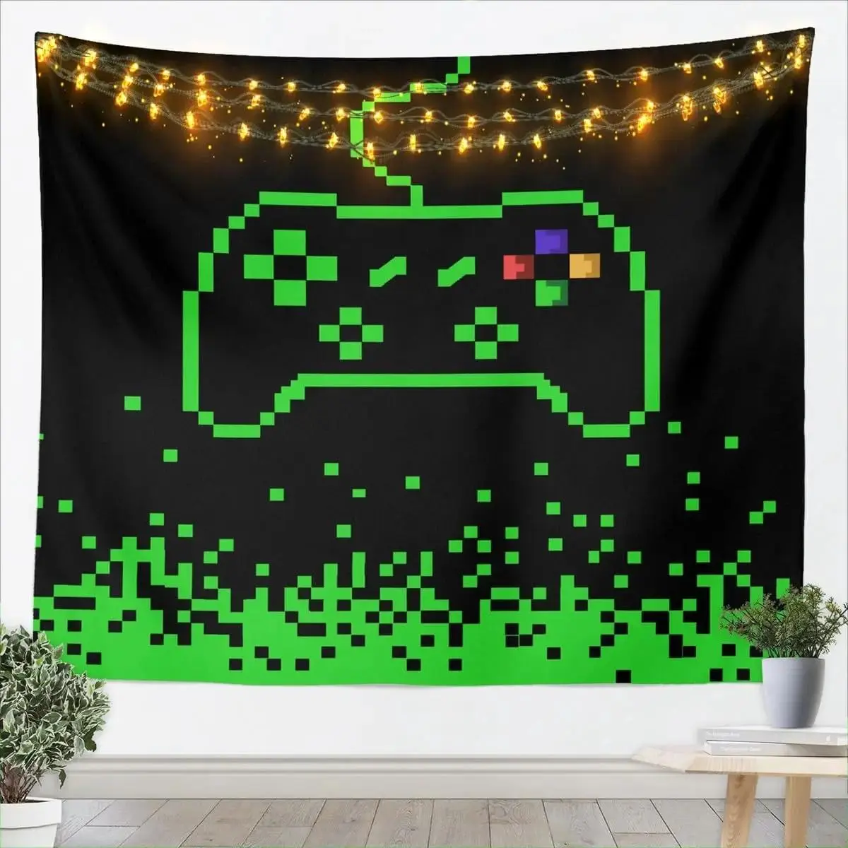 Lightweight Pink-Brown Pixel Building Tapestry, Block Game Landscape Wall Hanging, Peach Skin Fabric, Cute Gamer Home Decor for Bedroom Game Room, Multiple Sizes Available