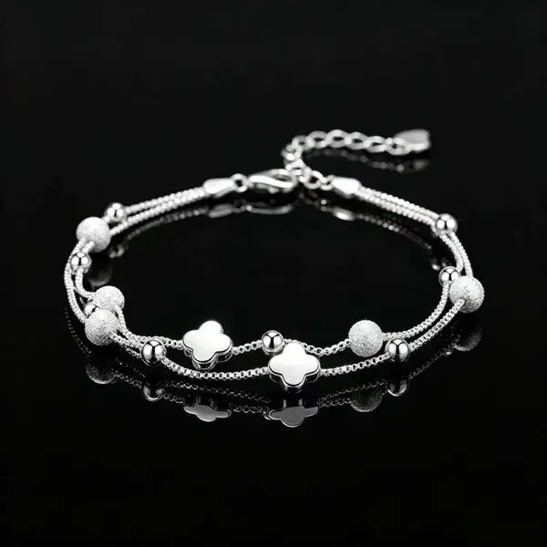 Double Layer 4-Leaf Clover Bracelet for Women, Dainty Chain with Frosted Beads, Adjustable Lobster Clasp, Wrist Jewelry for Daily Wear & Bridesmaid Gifts permanent fort lauderdale white turquoise