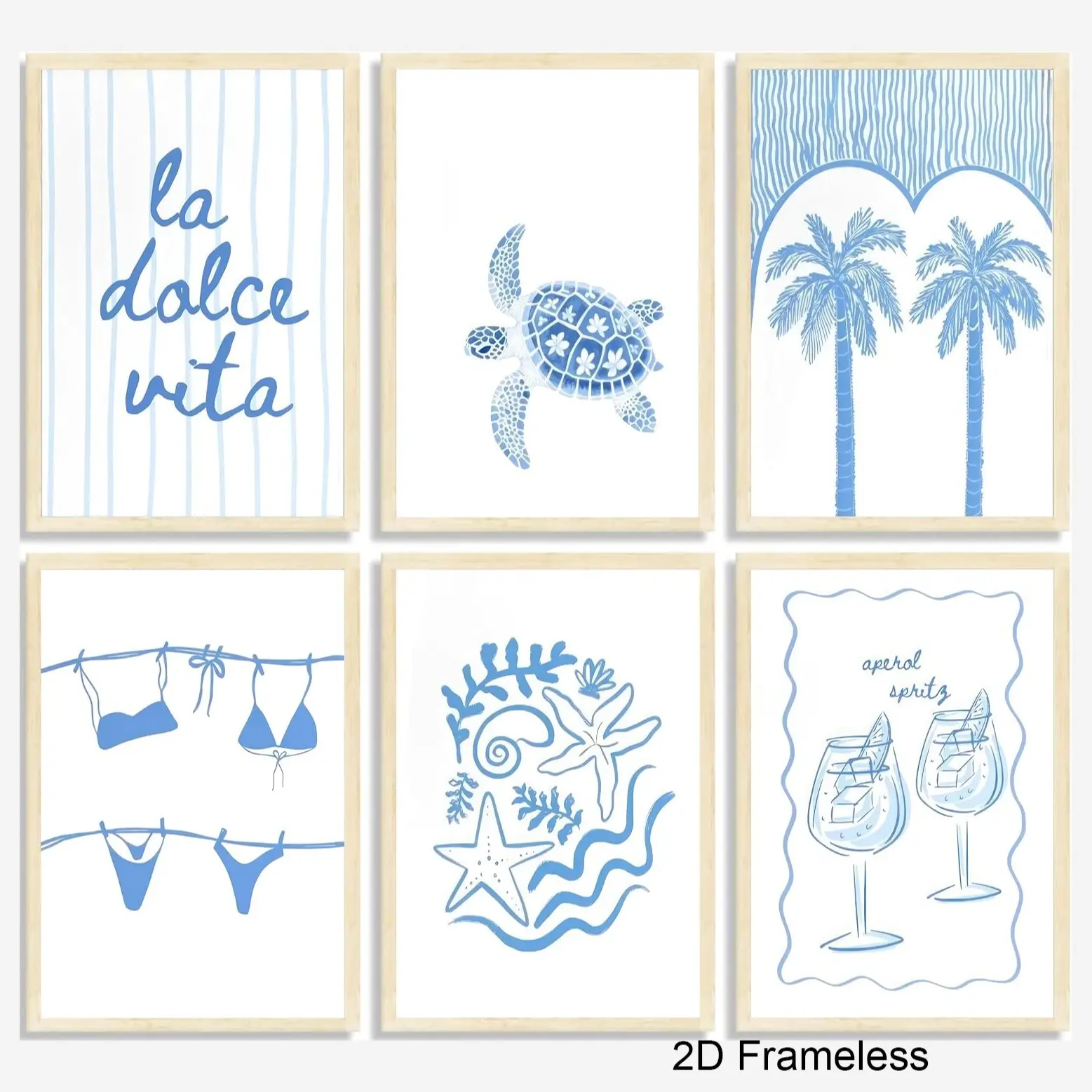 6-piece set  Blue Beach College-Style Wall Art, Coastal-Themed Artwork for Granddaughters, Wall Decor, Bikini, Starfish, and Palm Tree Posters—Perfect for Teen Girls' Rooms, Dorm Rooms, Apartments, and Home Decor   Frameless