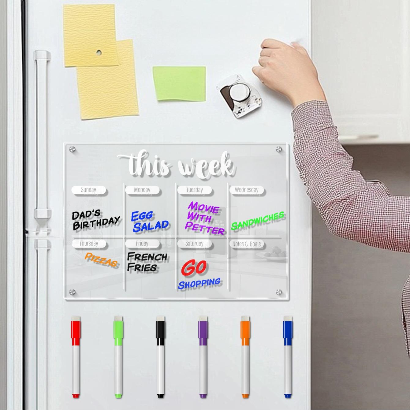 Transparent Acrylic Magnetic Refrigerator Fridge Calendar Magnetic Weekly Planner Board, Erasable Schedule Organizer, Home Memo Board with Multicolor Pens, Includes 6 Magnetic Whiteboard Pens