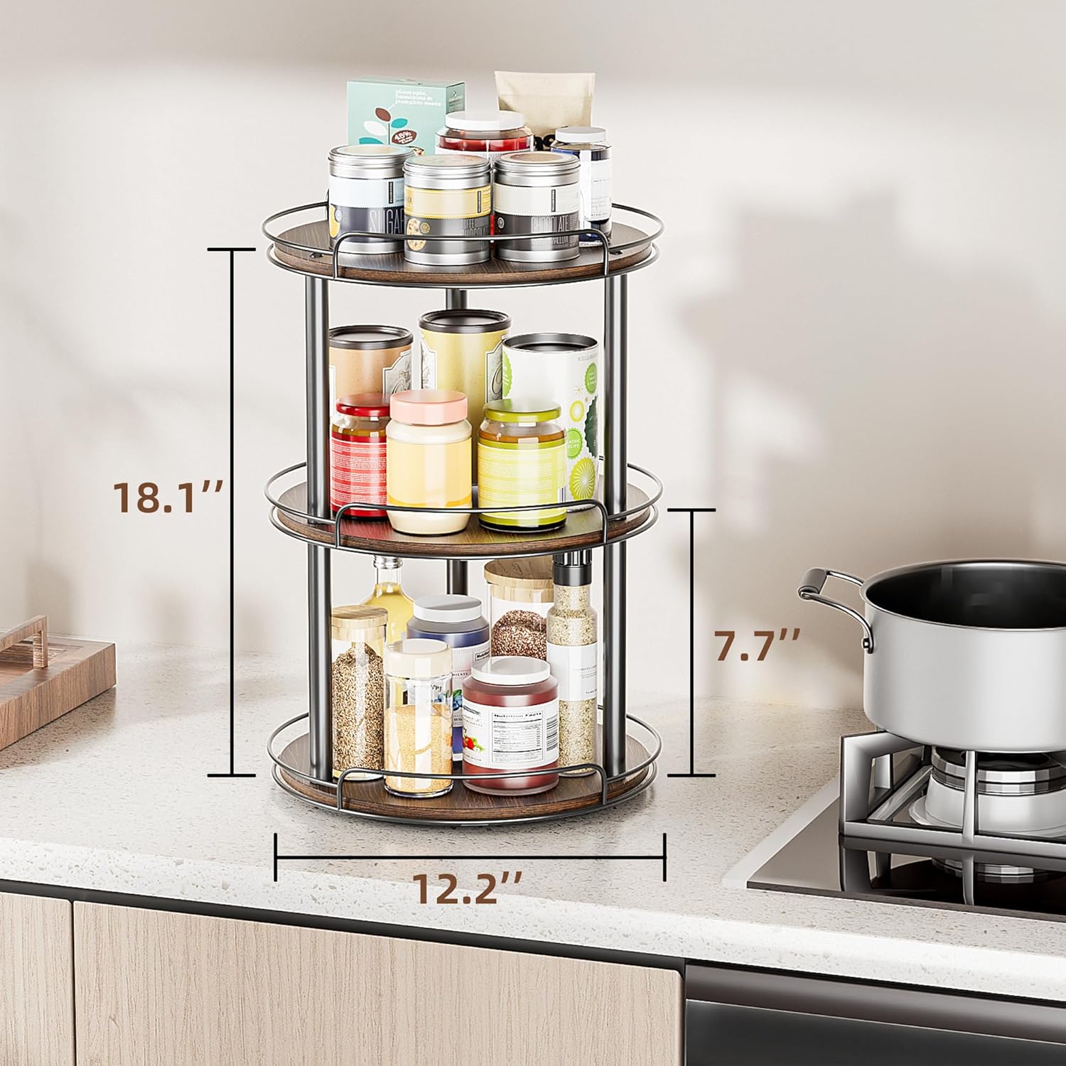 12.2'' Wood Lazy Susan Turntable Organizer for Cabinet, 3 Tier Lazy Susan Spice Rack Organizer for Kitchen, Table Top, Countertop, Pantry, Bathroom
