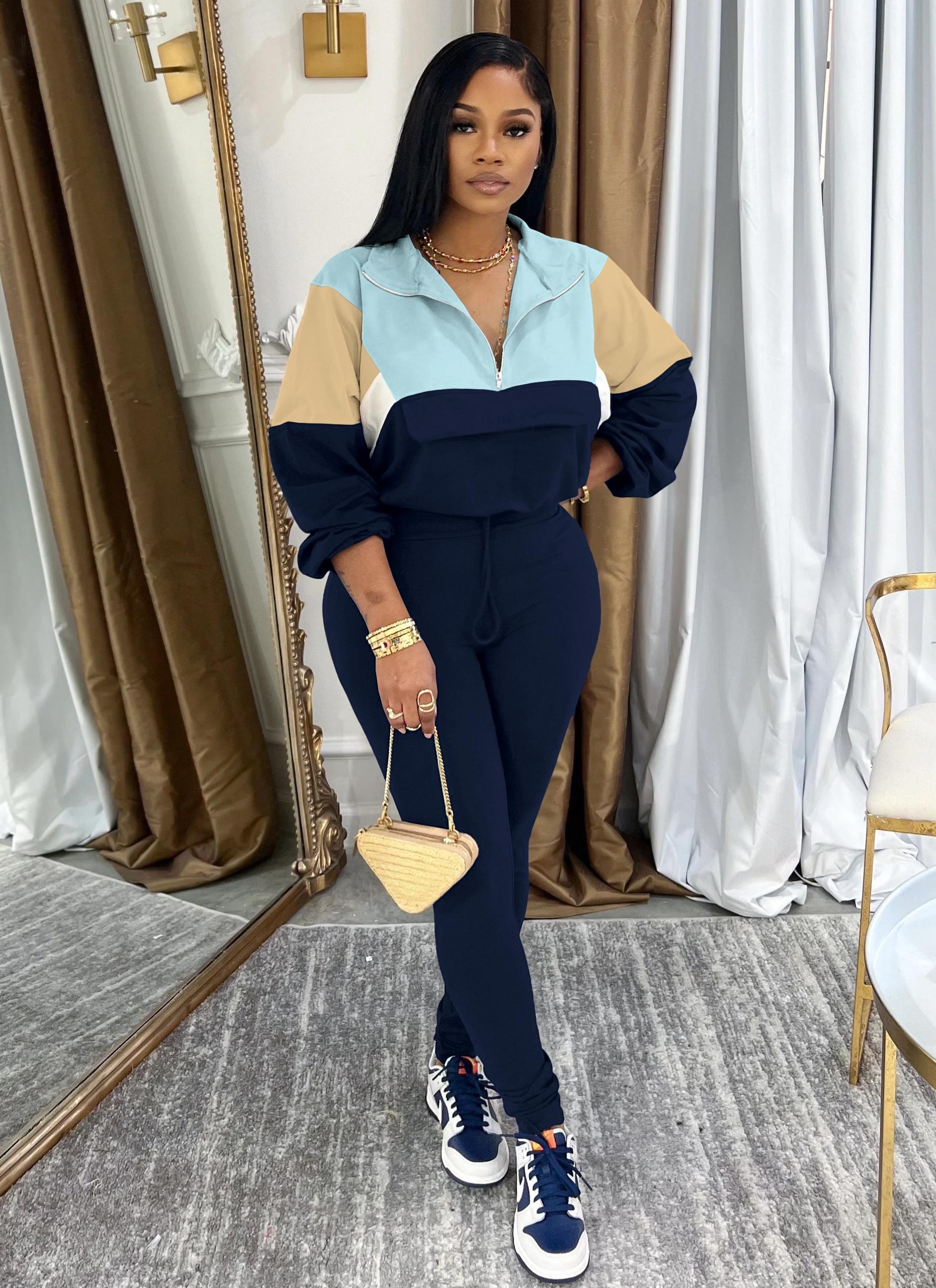 USBoutique Chic Women's Two Piece Outfits Knit Zip Top Jacket & Elastic Waistband Pant Tracksuit Sets 2-piece Pink Blue Colorblock