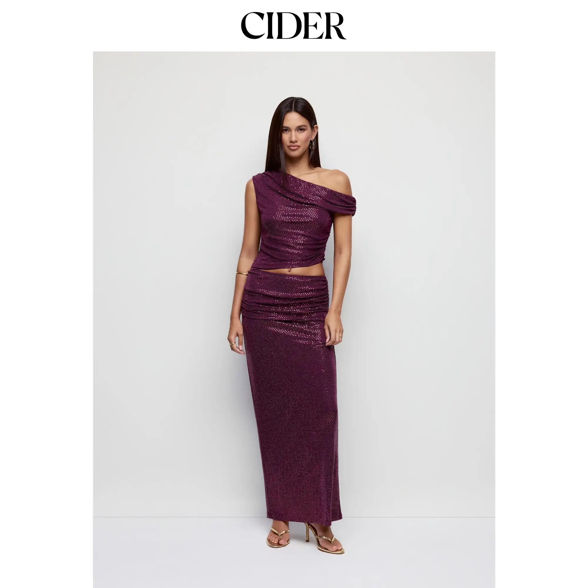 Cider Sequin Asymmetrical Neckline Ruched Top & Low Rise Ruched Maxi Skirt Set
