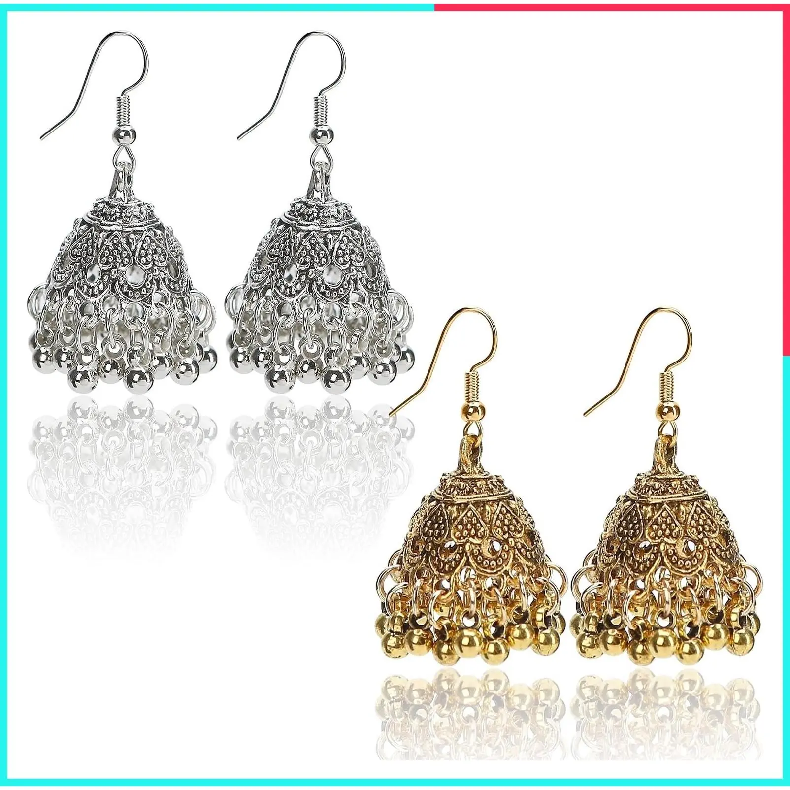2 Pairs Vintage Handmade Indian Jhumka Earrings for Women, Antique Gold Plated Silver Ethnic Jhumki Jewelry with Bell Tassel Drop, Small Traditional Dangle Earrings, 1.8 Inch