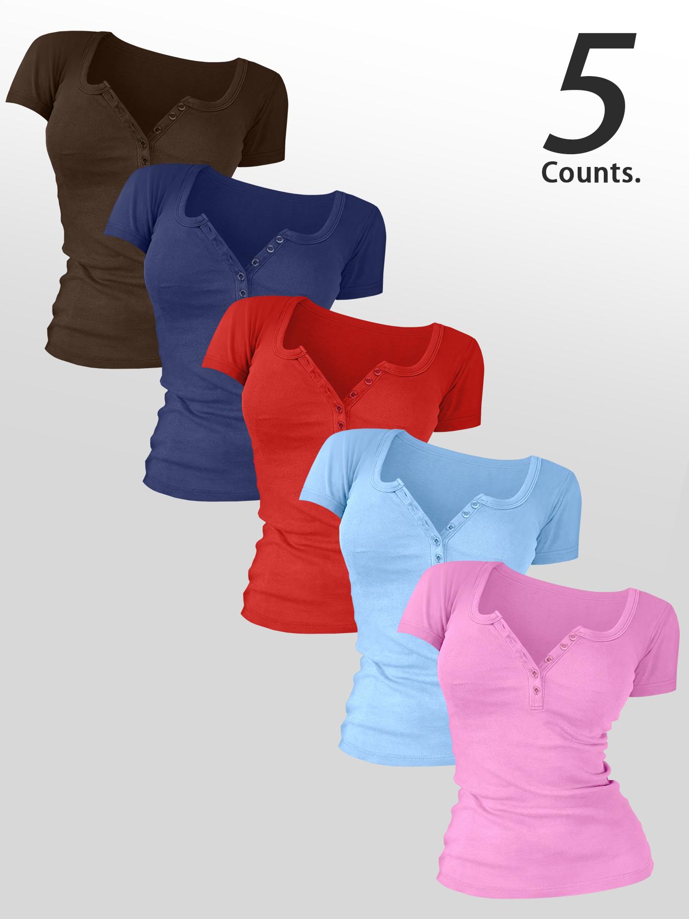 Women's Solid Color Button Decor Tee, Casual Short Sleeve Round Neck Basic T-shirt for Summer, Ladies Clothes for Daily Wear, Top