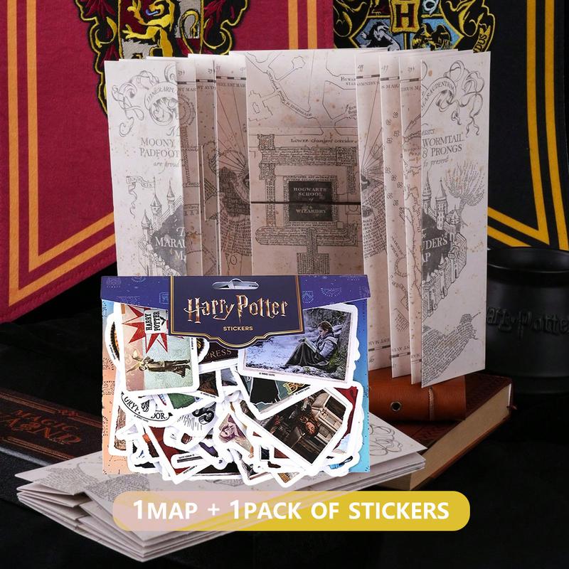 1pc Harry Potter Officially Licensed  Map of The Marauder's School of Magic Hogwarts Wizard Hermione Character Stickers  Magical Cosplay Props Movies Anime Peripheral Gilded Tickets Treasure Hunt Map Water Proof DIY Stickers