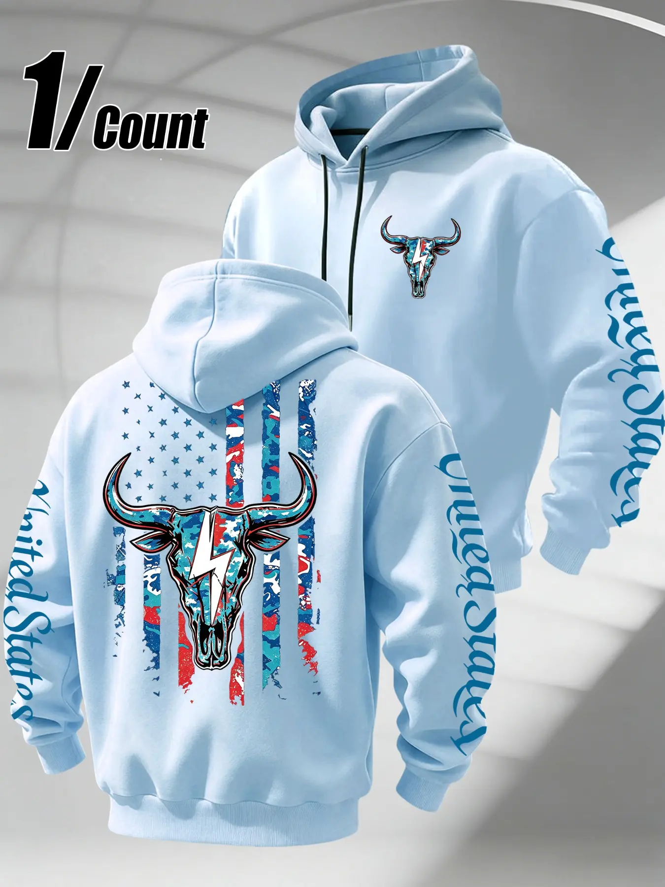 Men Drawstring Hoodie, Long Sleeve Pullover, Bull Skull Lightning & American Flag Star Stripe Graphic Print, Loose Casual Patriotic Western Street Hooded Top, Streetwear Hoodie