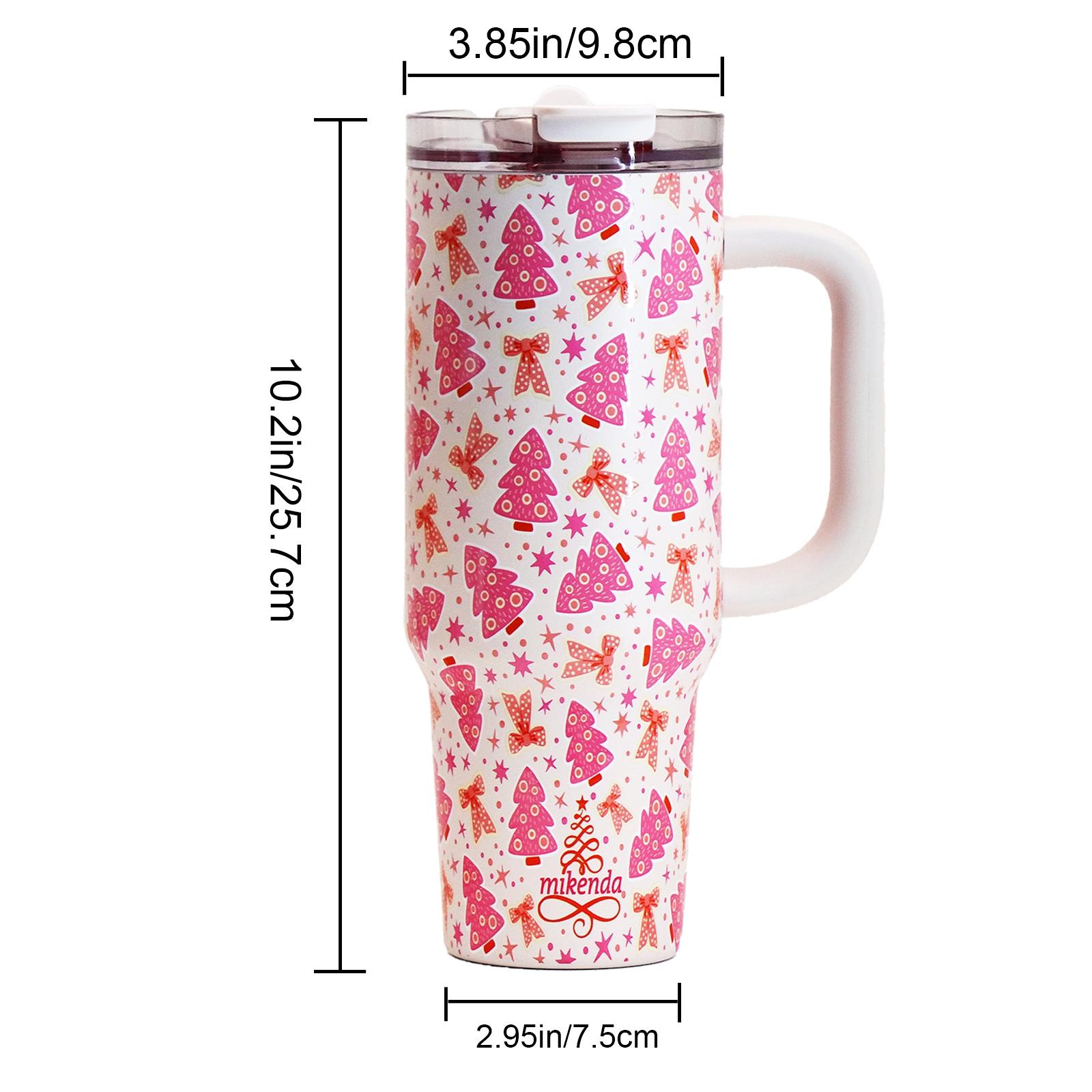 1 Pc 40oz insulated thermal mug with handle, double wall leak-proof vacuum cup, pink Christmas tree and bow pattern, festive cute holiday design, keeps hot 12 h/cold 24 h, large capacity tumbler for hot cold drinks, Thermos Cup, Thermal Flask