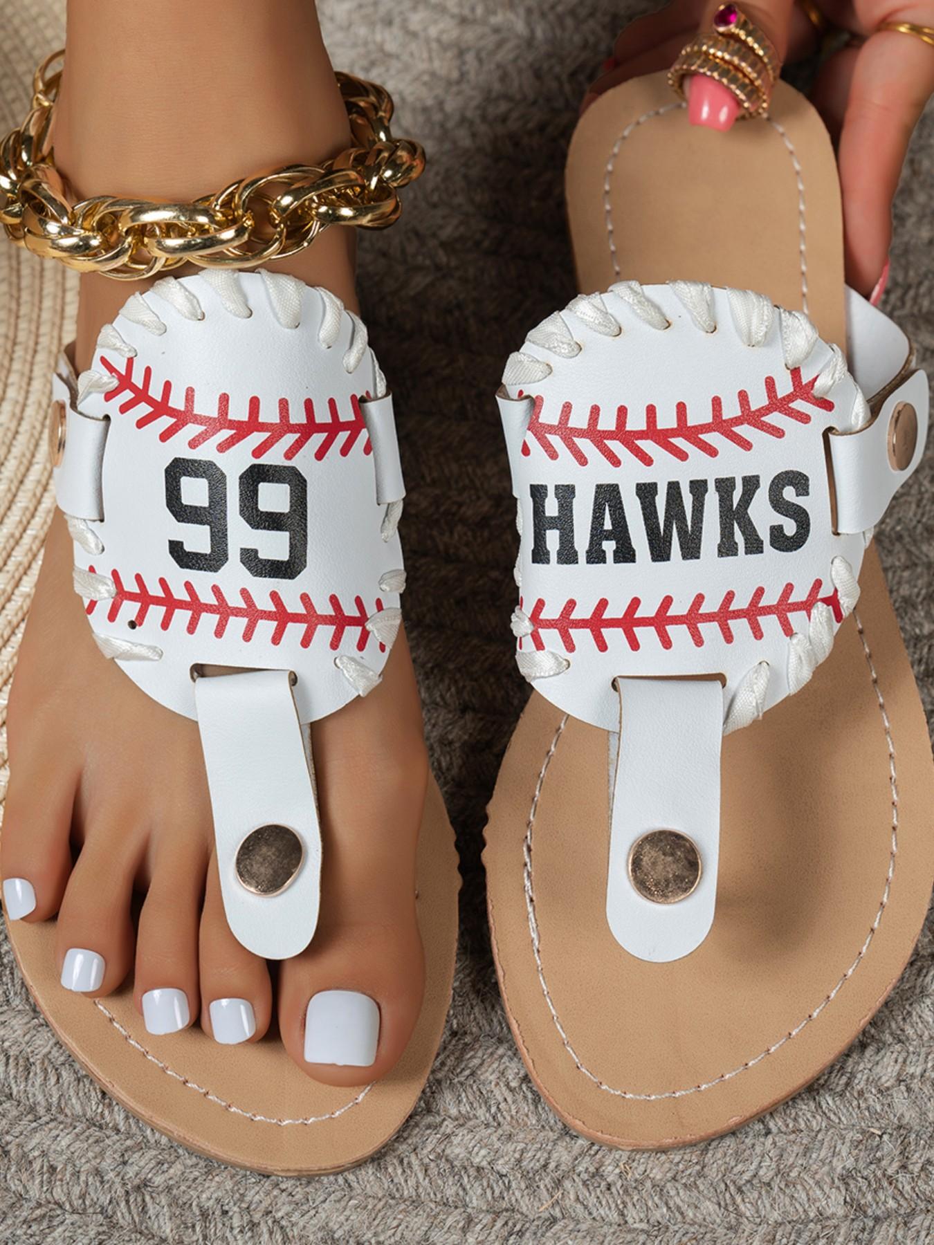 Women's Baseball Themed Sandals - Black Faux Leather Flip Flops with "99" & "HAWKS" Print, Sporty Stitching Detail Thong Slides for Summer