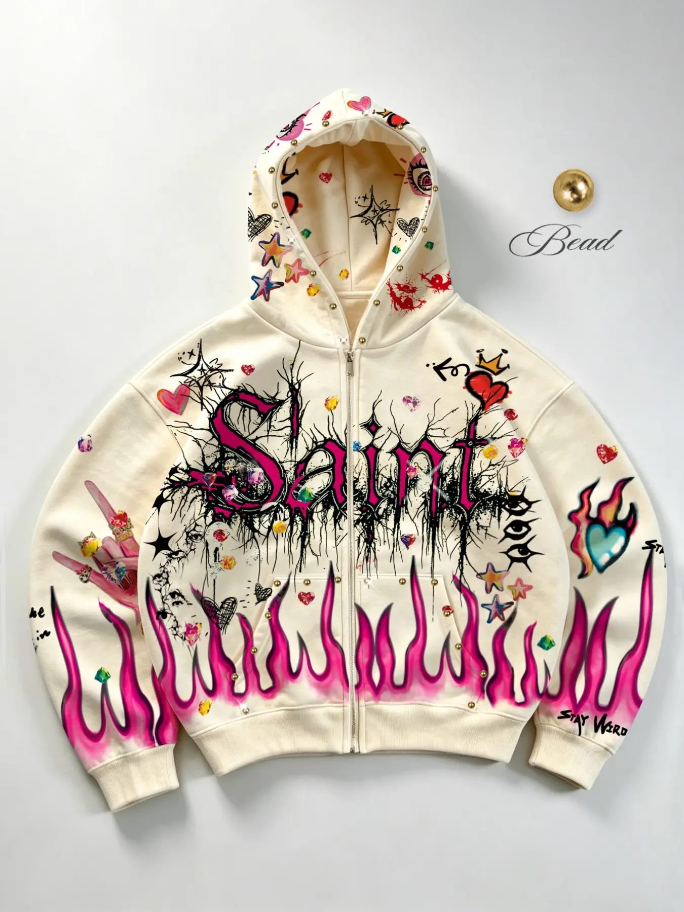 Saint & Godly Men's American High-Street Casual Style Zip-Up Hoodie – Featuring a pink-to-purple gradient flame, heart, and star graphic, stud embellishments, and a loose, drop-shoulder fit. A Y2K-inspired, dark-aesthetic hip-hop streetwear jacket.