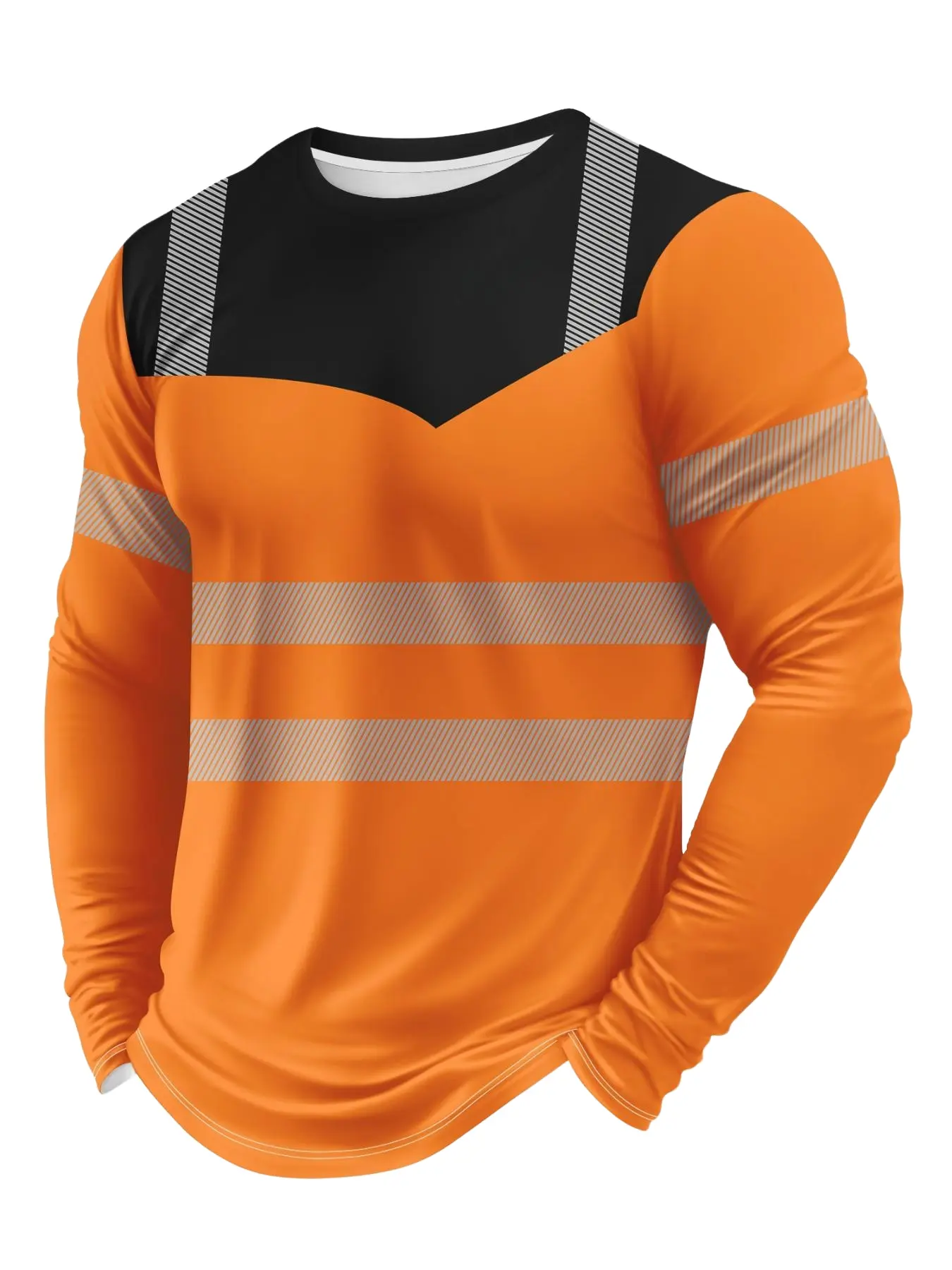 Men's Striped High-Visibility Safety Workwear Construction Gear Long Sleeve T-Shirt, Outdoor Construction Reflective Top, Sport Fitness Tee