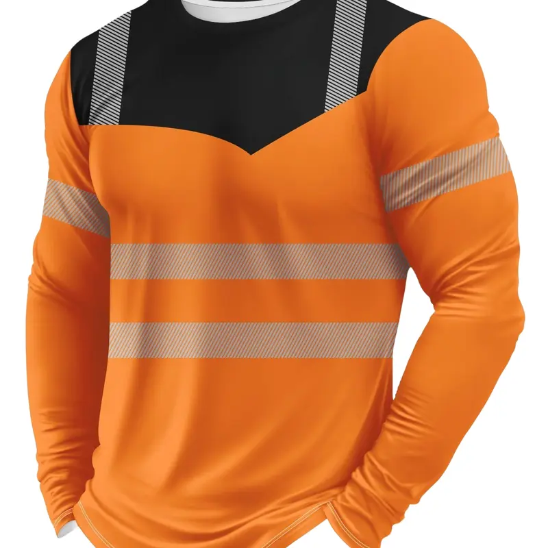 Men's Striped High-Visibility Safety Workwear Construction Gear Long Sleeve T-Shirt, Outdoor Construction Reflective Top, Sport Fitness Tee