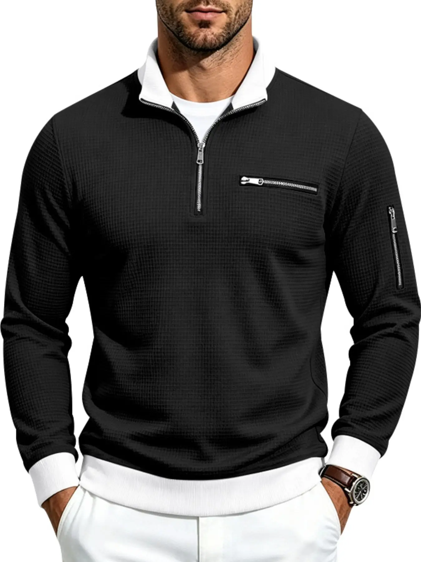 Men Waffle Knit Quarter Zip Pullover Sweatshirt, Stand‑Collar Long Sleeve Tops With Zipper Pocket, Casual Lightweight Zip‑Up Sweater For Outdoor Daily Autumn Clothing, Multi‑Colors Available