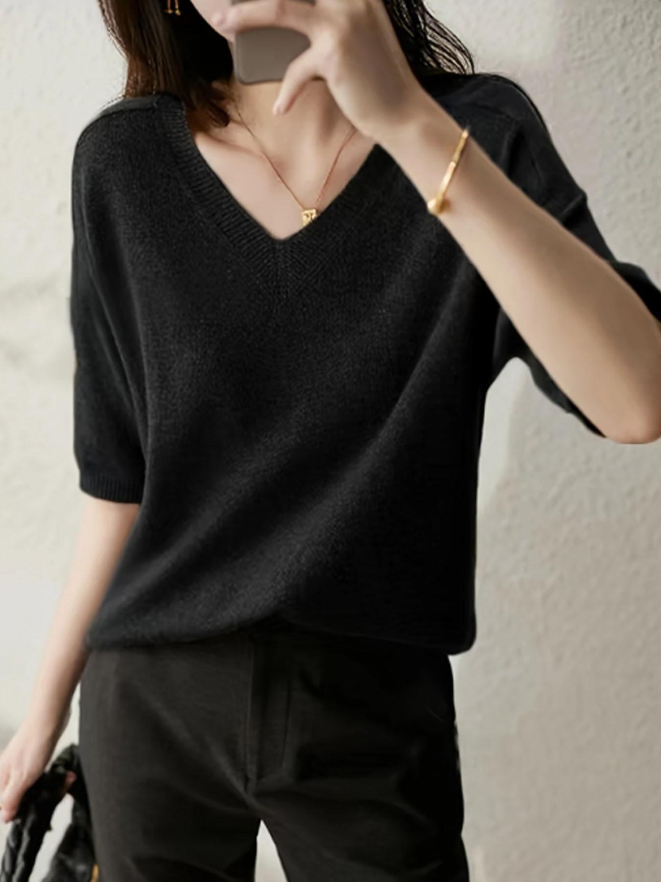 New Knitted Short Sleeve T-Shirt for Women, Thin Loose V-Neck Slimming High-Quality Breathable Top, Stylish Casual Wear