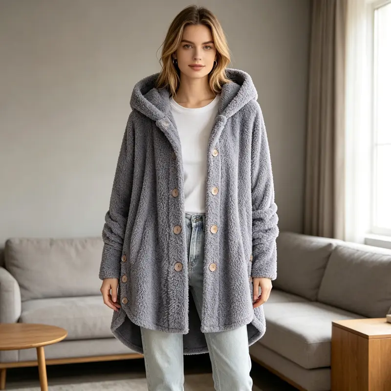 Women's plush round neck winter coat with asymmetric hem – image 12