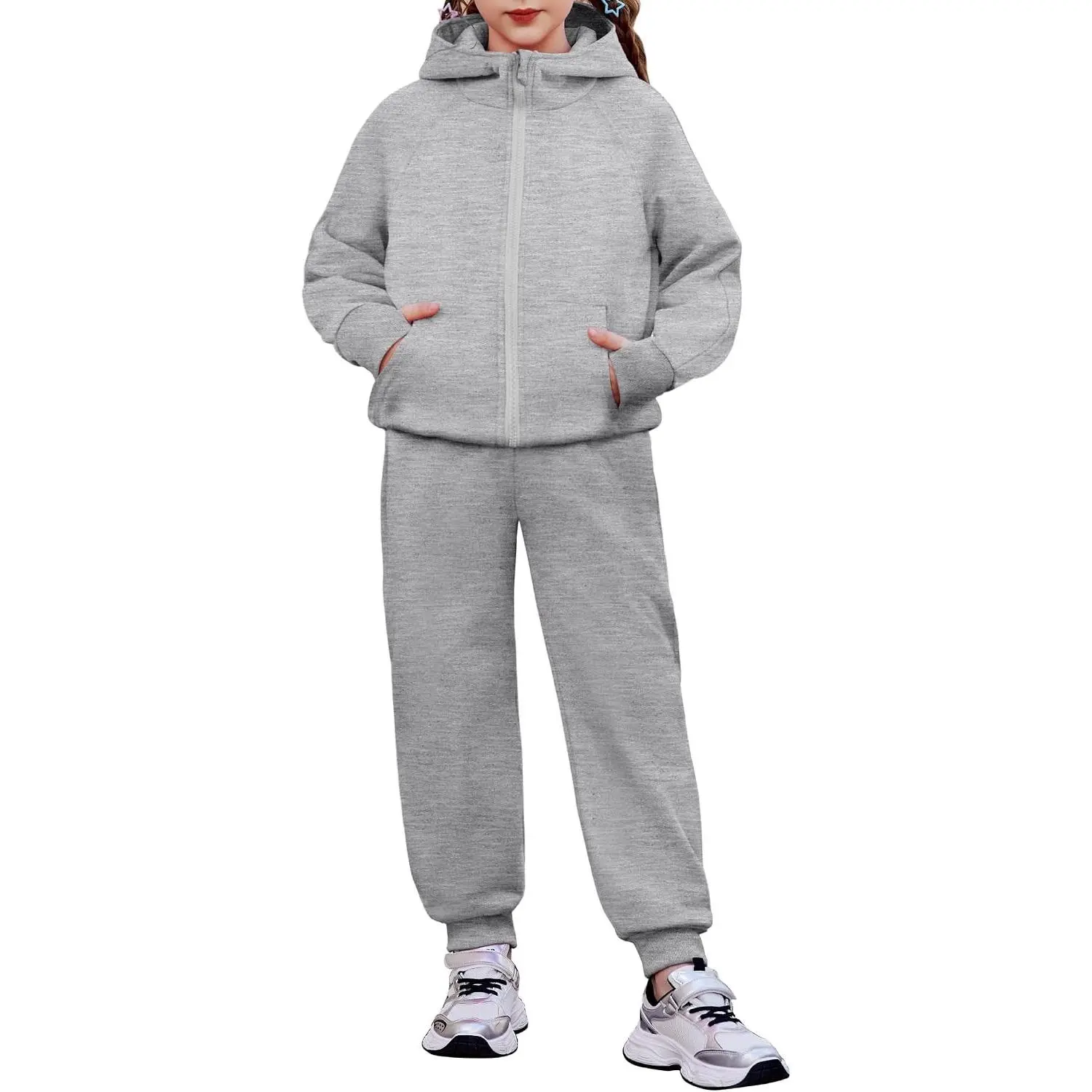 Girls' 2-Piece Zip-Up Cotton Hoodie & Full-Length Sweatpant Set, Long-Sleeves Casual Athletic Tracksuit, Kids Clothing for 5-14 Years, Casual Wear, Tracksuit Set, Aesthetic, Long Sleeve Shirt