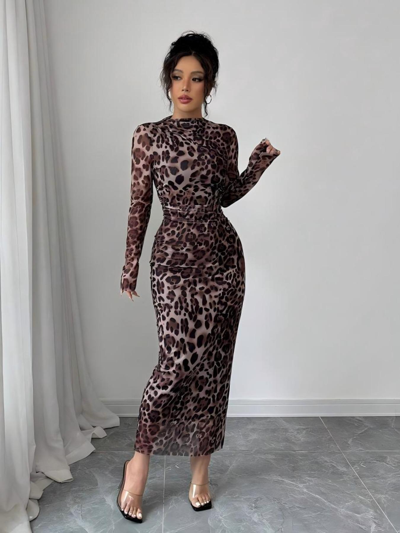 Elegant Chic Leopard Print Mesh Ruched Bodycon Dress, Long Sleeve Slim Fit  Women's Autumn Winter Fashion, Stylish Ladies Formal Evening Wear  Womenswear, Elegant Evening Gown - TikTok Shop