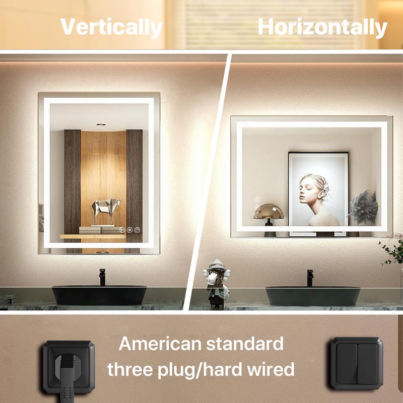 GLITGATE LED Bathroom Mirror With Lights Stepless Dimmable Brightness 3-Colors options Anti-Fog Memory function Smart Mirror Touch Sensor LED Mirror For Bathroom Wall Mounted Horizontal/Vertical