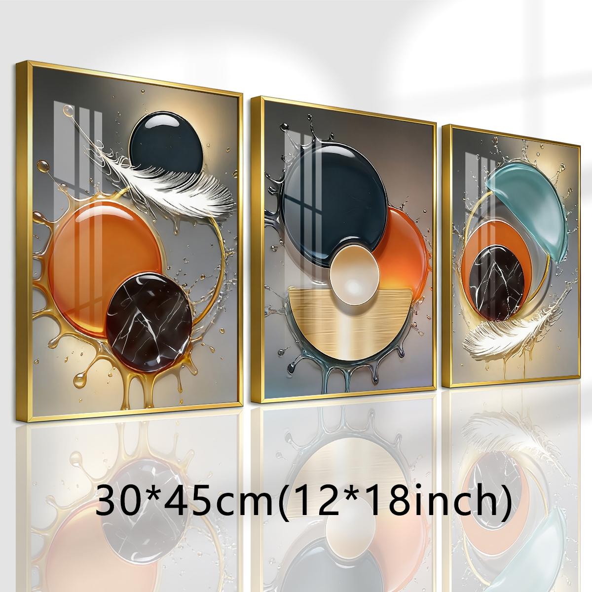 3 Counts Aluminum Alloy Framed Painting, Abstract Color Liquid Splash And Feather Art, Home Decoration For Living Room, Bedroom, Office, Restaurant, Hallway Wall Decor, Odorless Print Artwork, Luxury Perfect Gift For Friends And Family