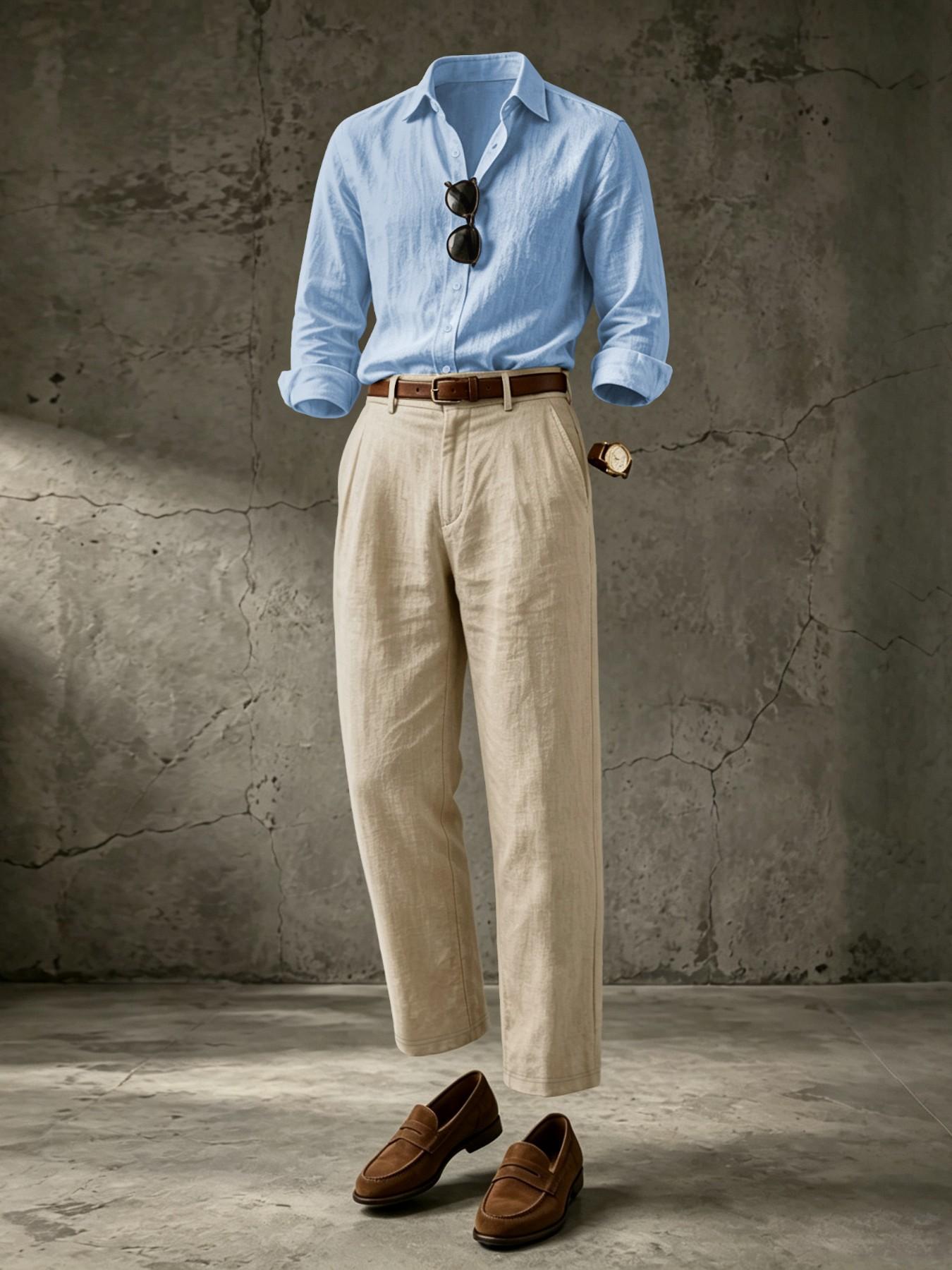 Men's Linen Set, Casual Loose-Fit Blouse and Pants, Long Sleeve Button-Down Shirt, Business Daily Wear, Formal, All Seasons