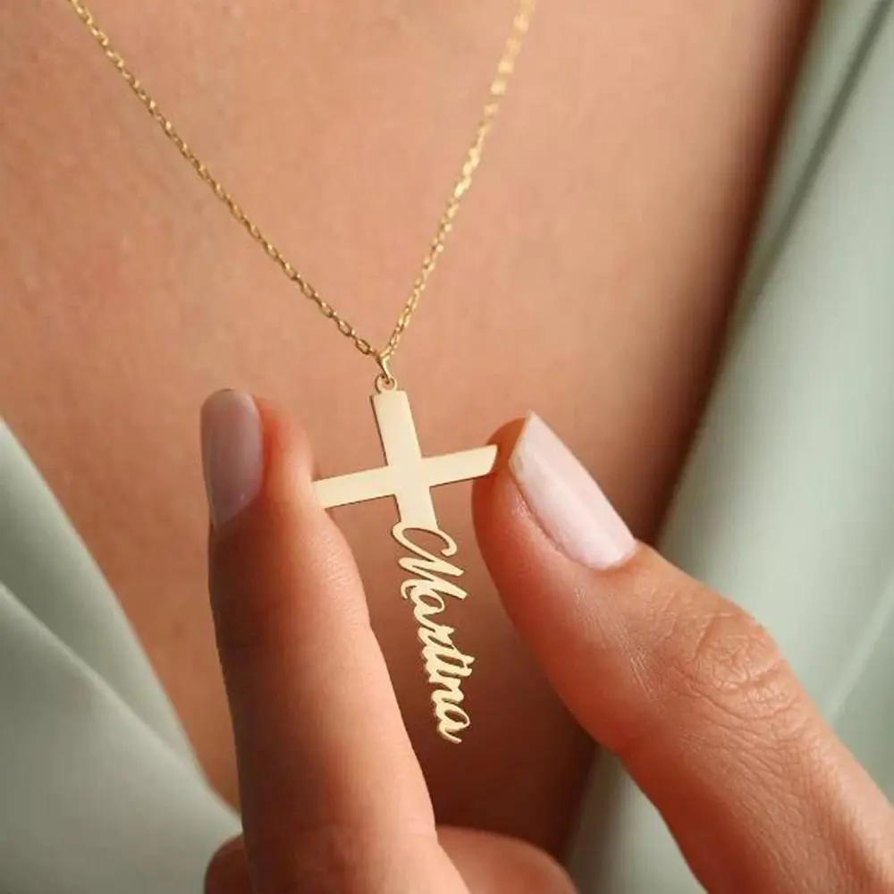 Custom Name Necklace Pendant Cross Stainless Steel Cut Personalized Christian Nameplate Jewelry Women's Mother's Day Gift