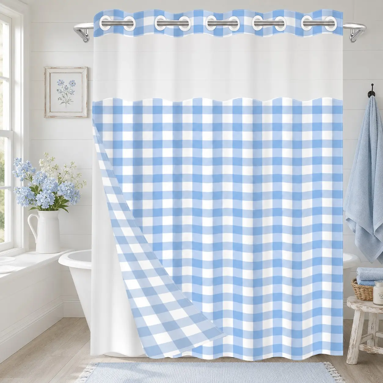 1PC 2D Flat Light Blue & White Gingham Checkered Pattern Double-Layer Woven Shower Curtain, No Hooks, Transparent Top Window, Removable Snap-On Liner, Modern Farmhouse Bathroom Art Decor, Bathroom & Holiday Decoration