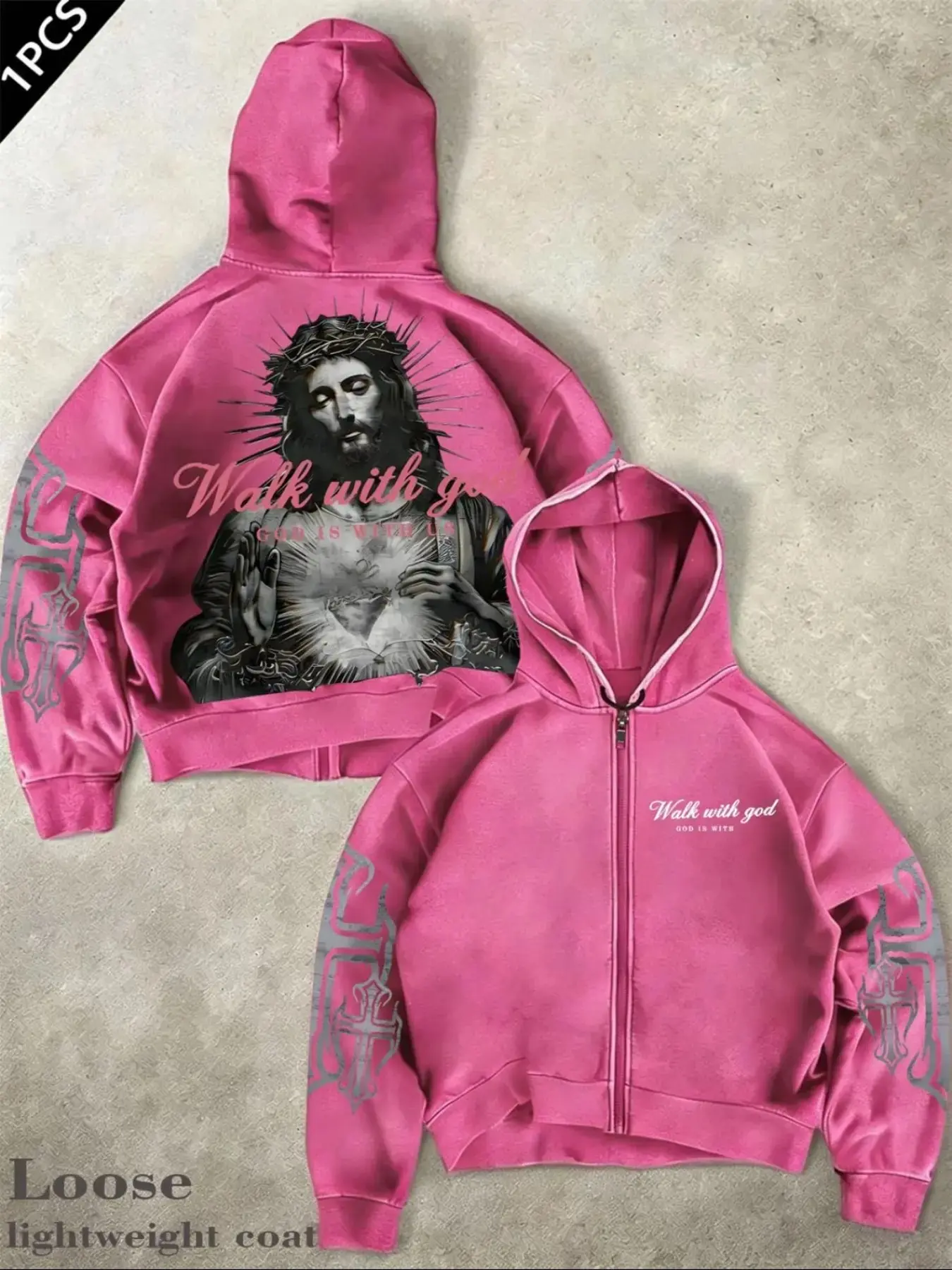 **Vintage Washed Zip Up Hoodie Jesus Walk with God Sacred Heart Graphic Cross Print Y2K Gothic Oversized Sweatshirt Aesthetic Streetwear Grunge Faith Religion Christian Acid Wash Jacket Alt E-girl Harajuku Couple Hip Hop Concert Long Sleeve Fall Winter Gi