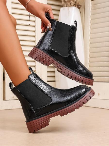 Chunky Sole Chelsea Boots for Women, Trendy High Heel Ankle Boots, Casual PU Leather Short Boots for Fall & Winter