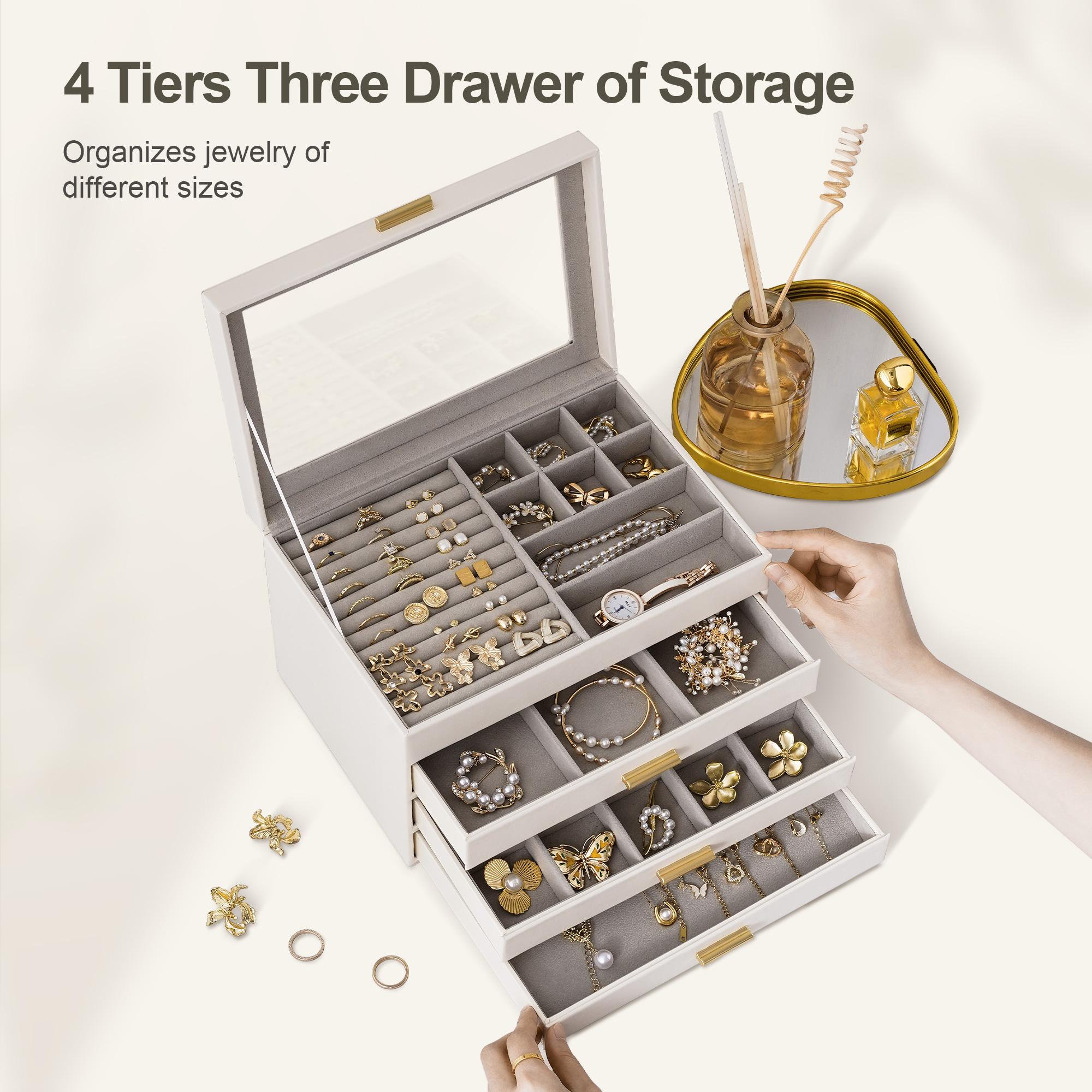 Jewelry Box Organizer with Clear Lid, Large Jewelry Storage Unit, with Drawer, Modern Style, Perfect Women's Gift for Home Decor, Jewelry Organizer Armoire, Durable PU Leather Material Jewelry Organizer