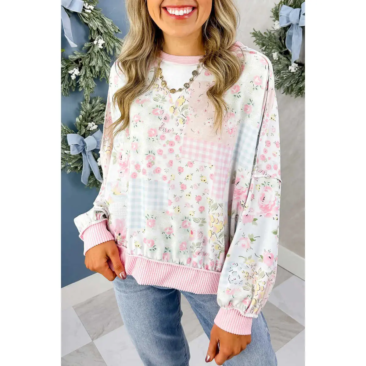Pink Twisted Ribbed Trim Floral Print Patchwork Long Sleeve Top