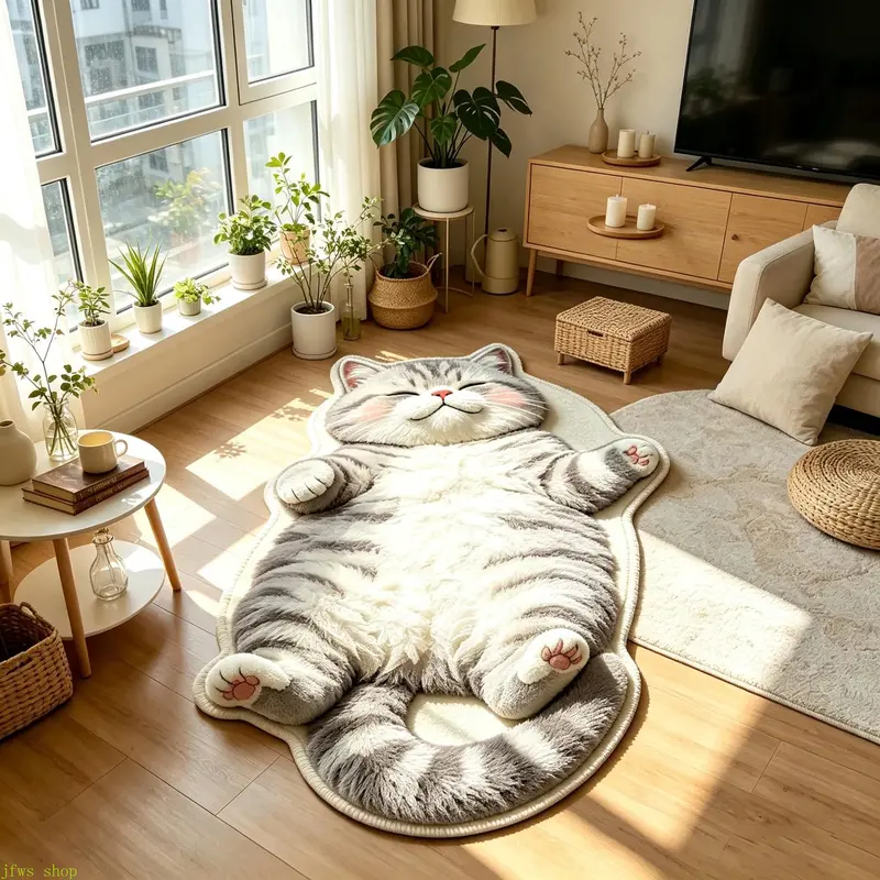 Cat Shaped Plush Area Rug, Fluffy Cartoon Cat Floor Mat, Soft Animal ...