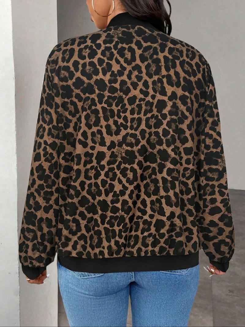 Plus Size Women Lightweight Long Sleeve Zipper Casual Leopard Print Baseball Jacket, Comfortable and Stylish Outerwear for Everyday Wear