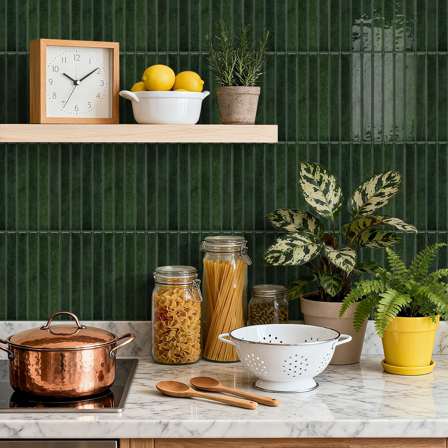 3D Emerald Vertical Stripe Self-Adhesive Wall Sticker, Waterproof Impact-Resistant Soundproof, Kitchen Backsplash Renovation, French Vintage DIY Decor