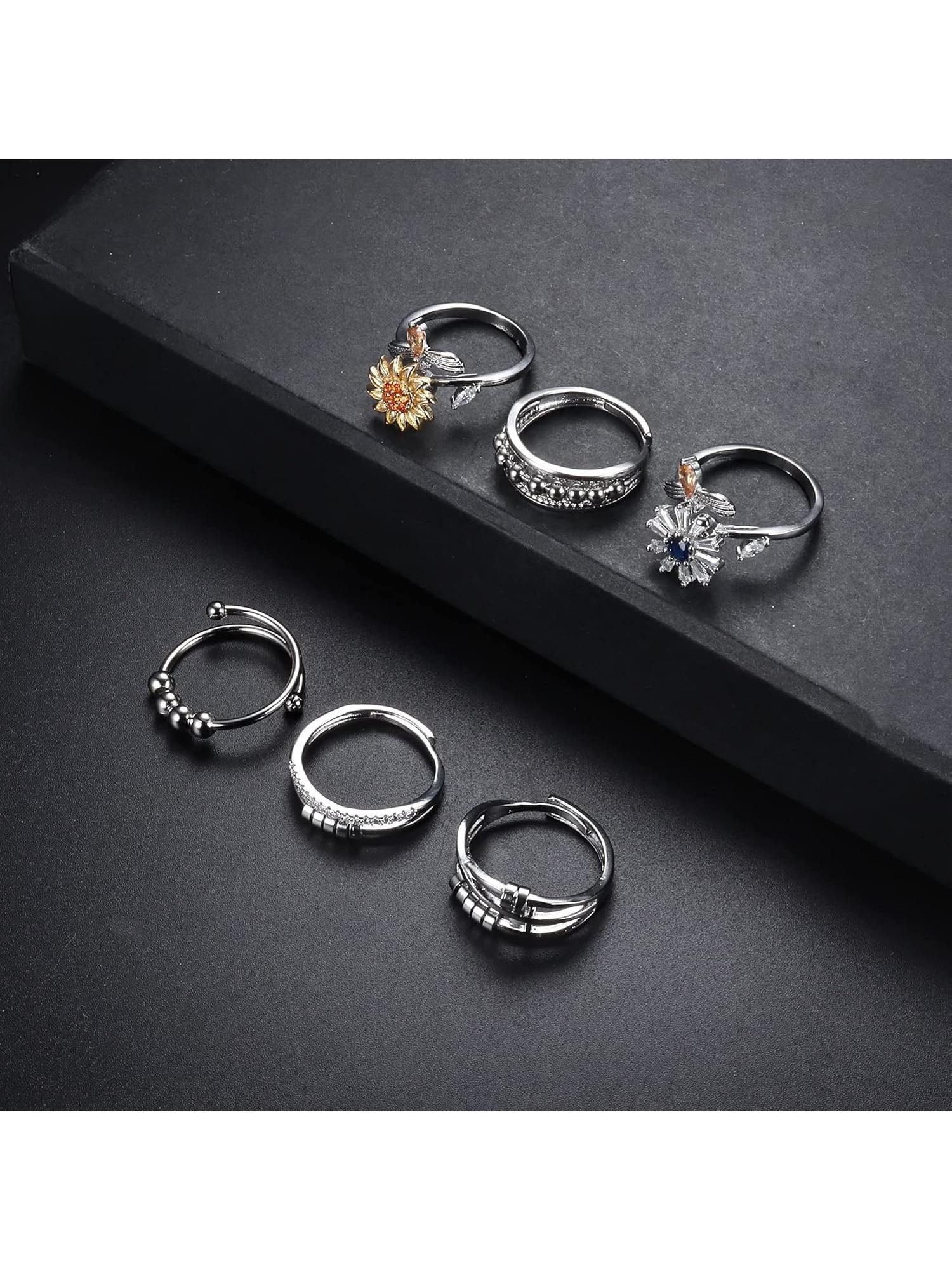 6Pcs Fidget Anxiety Rings for Women Spinner Fidget Rings for Anxiety Adjustable Flower Bead Stress Relief Spinning Stackable Ring Set, Green