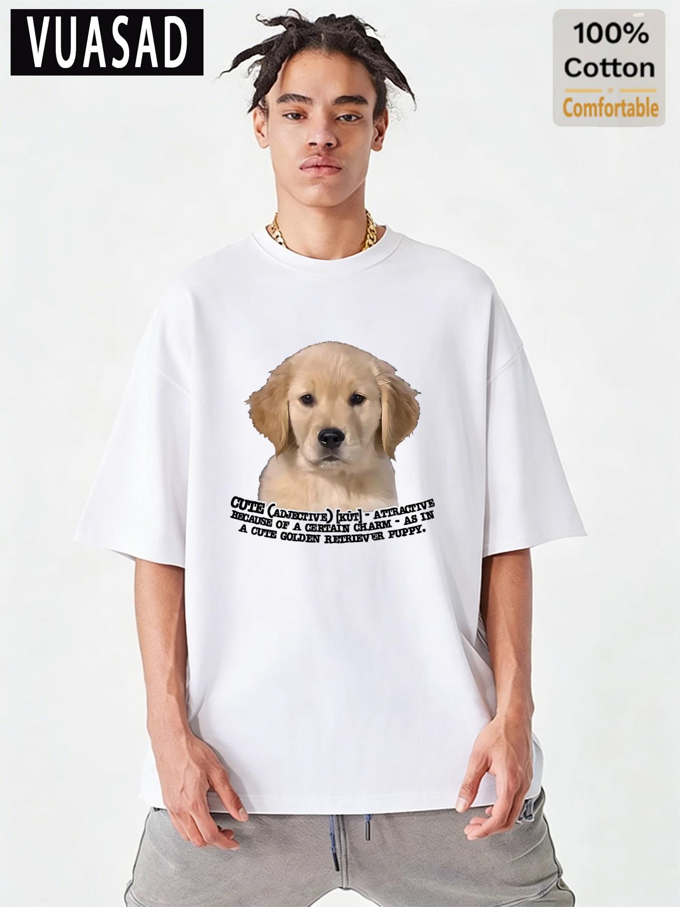 Adorable Golden Retriever Puppy Print Short Sleeve T-Shirt, Men's Loose-Fit Drop Shoulder Cotton Top, Casual Fashion Long Tee