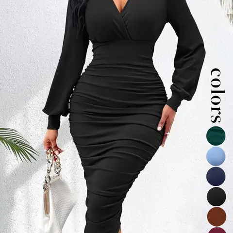 Women's Long Sleeve Side Pleated Bodycon Midi Dress, New European and American Style, Slim Fit, Elegant Party Wear