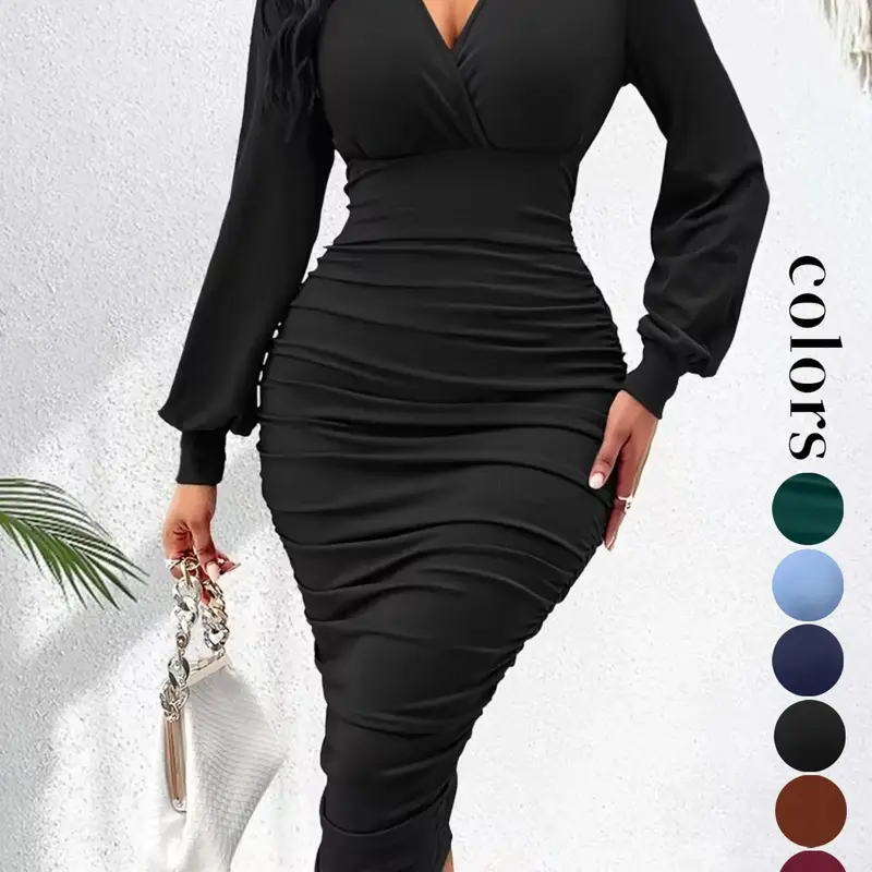 Women's Long Sleeve Side Pleated Bodycon Midi Dress, New European and American Style, Slim Fit, Elegant Party Wear