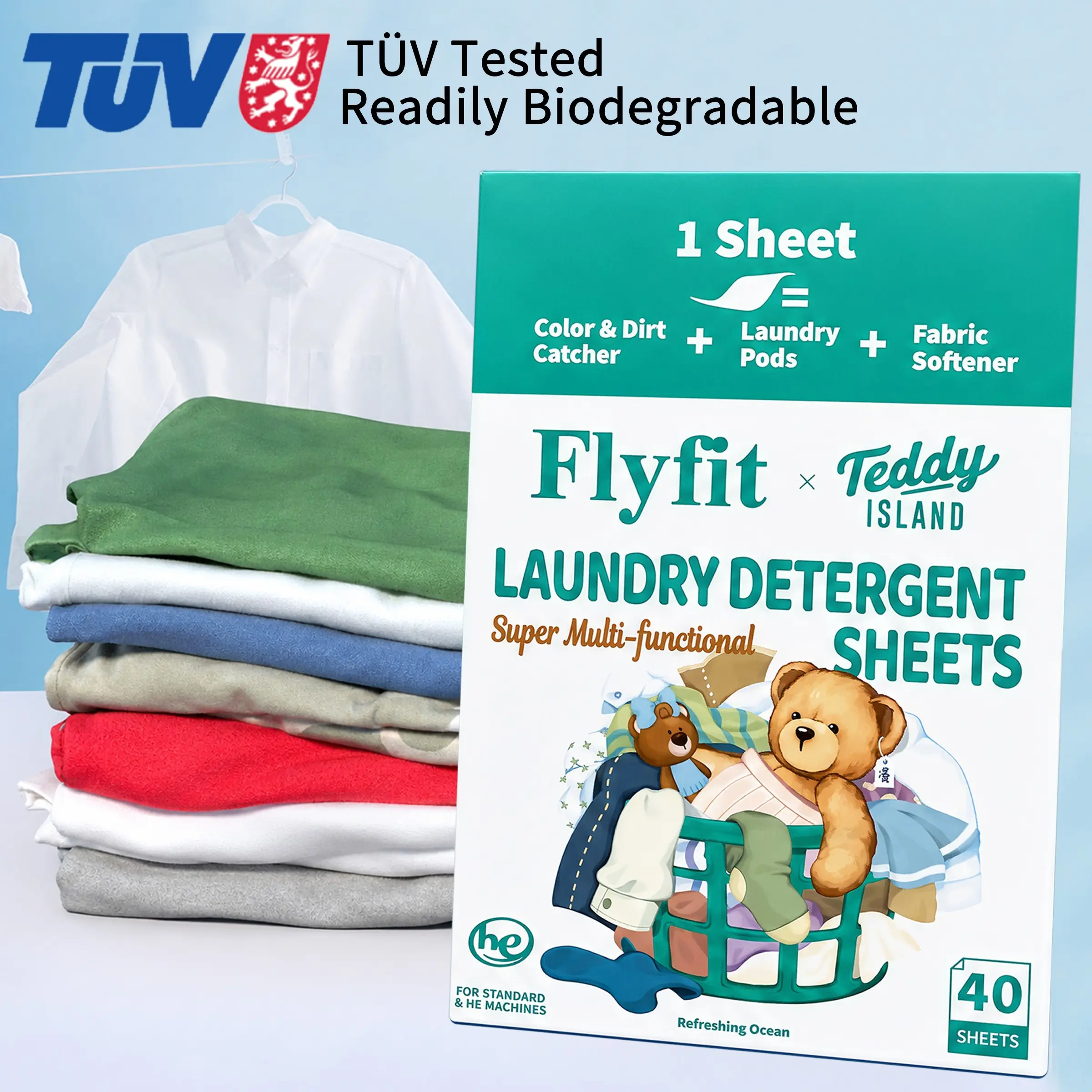 7-in-1 Dry Laundry Detergent Sheets, All-in-One Detergent & Color Catcher, TÜV Tested Readily Biodegradable, No Plastic Wrapping Eco Stain & Color Protection Sheets, 40 Sheets Per Pack for Travel Home Dorm